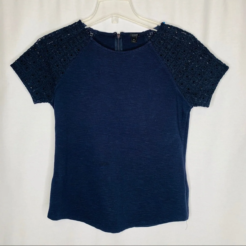 J. CREW Short Sleeve Navy Blue Top. Navy Cotton Eyelet Lace Short Sleeve Top
